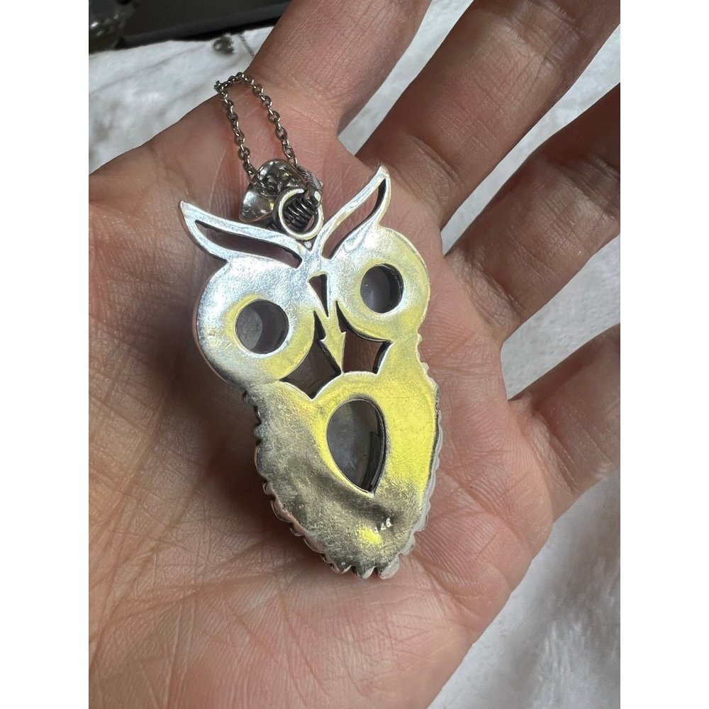 925 OWL Spirit Guide Rainbow Flash Moonstone Pendant Necklace - Picture 6 of 9